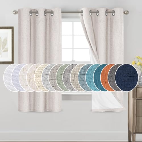 PrinceDeco Primitive Textured Linen 100% Blackout Curtains for Bedroom/Living Room Blackout Curtains 84 Inches Long, Energy Saving Window Treatment Curtains with White Liner (2 Panels, Natural)