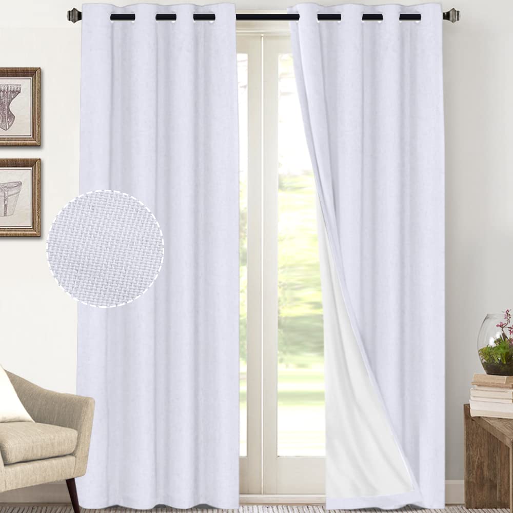 PrinceDeco Primitive Textured Linen 100% Blackout Curtains for Bedroom/Living Room Blackout Curtains 84 Inches Long, Energy Saving Window Treatment Curtains with White Liner (2 Panels, Natural)