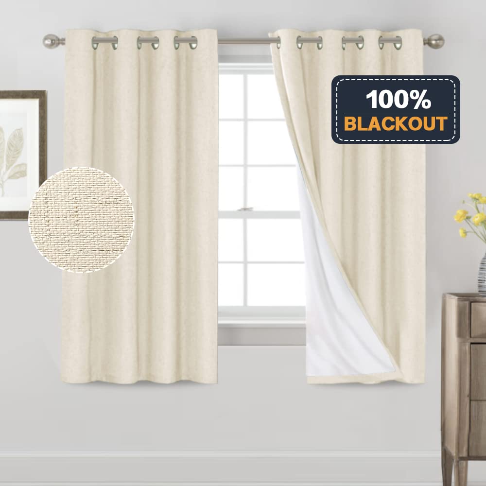 PrinceDeco Primitive Textured Linen 100% Blackout Curtains for Bedroom/Living Room Blackout Curtains 84 Inches Long, Energy Saving Window Treatment Curtains with White Liner (2 Panels, Natural)