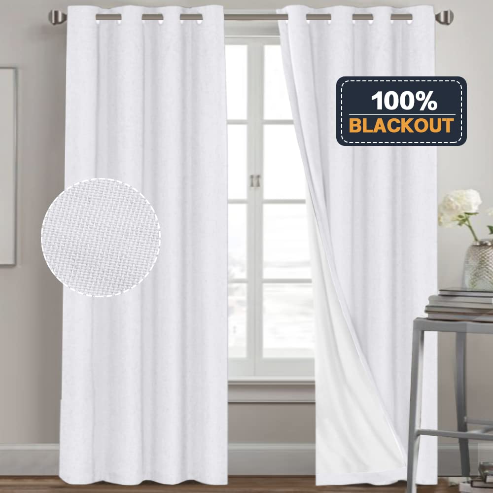 PrinceDeco Primitive Textured Linen 100% Blackout Curtains for Bedroom/Living Room Blackout Curtains 84 Inches Long, Energy Saving Window Treatment Curtains with White Liner (2 Panels, Natural)