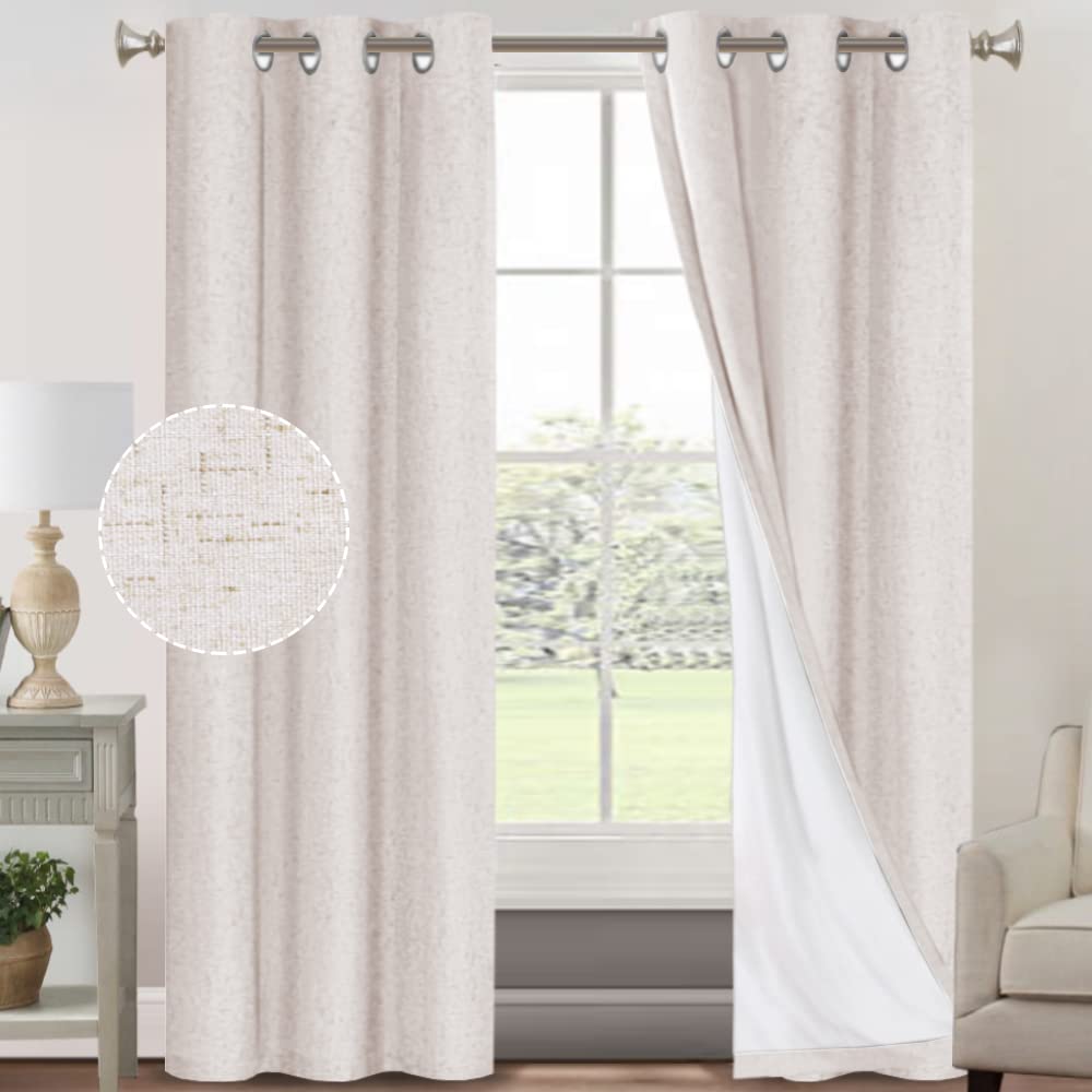 PrinceDeco Primitive Textured Linen 100% Blackout Curtains for Bedroom/Living Room Blackout Curtains 84 Inches Long, Energy Saving Window Treatment Curtains with White Liner (2 Panels, Natural)