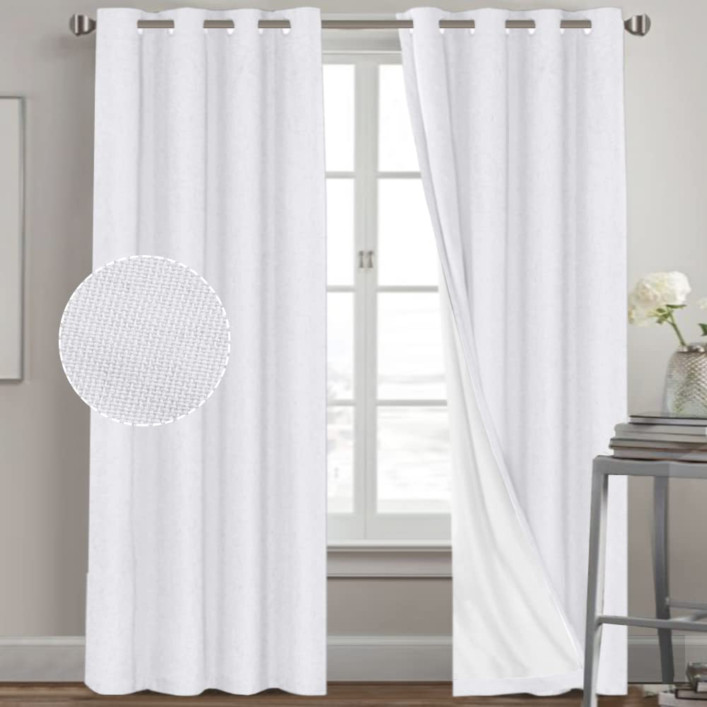 PrinceDeco Primitive Textured Linen 100% Blackout Curtains for Bedroom/Living Room Blackout Curtains 84 Inches Long, Energy Saving Window Treatment Curtains with White Liner (2 Panels, Natural)