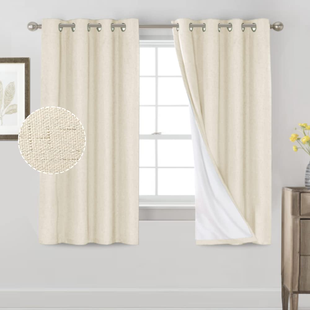 PrinceDeco Primitive Textured Linen 100% Blackout Curtains for Bedroom/Living Room Blackout Curtains 84 Inches Long, Energy Saving Window Treatment Curtains with White Liner (2 Panels, Natural)