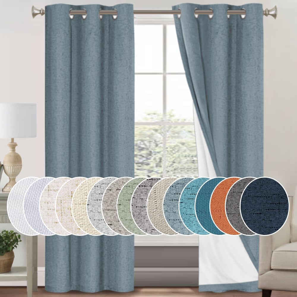 PrinceDeco Primitive Textured Linen 100% Blackout Curtains for Bedroom/Living Room Blackout Curtains 84 Inches Long, Energy Saving Window Treatment Curtains with White Liner (2 Panels, Natural)