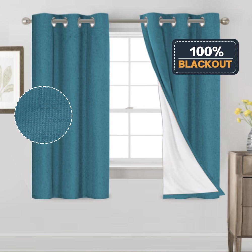PrinceDeco Primitive Textured Linen 100% Blackout Curtains for Bedroom/Living Room Blackout Curtains 84 Inches Long, Energy Saving Window Treatment Curtains with White Liner (2 Panels, Natural)