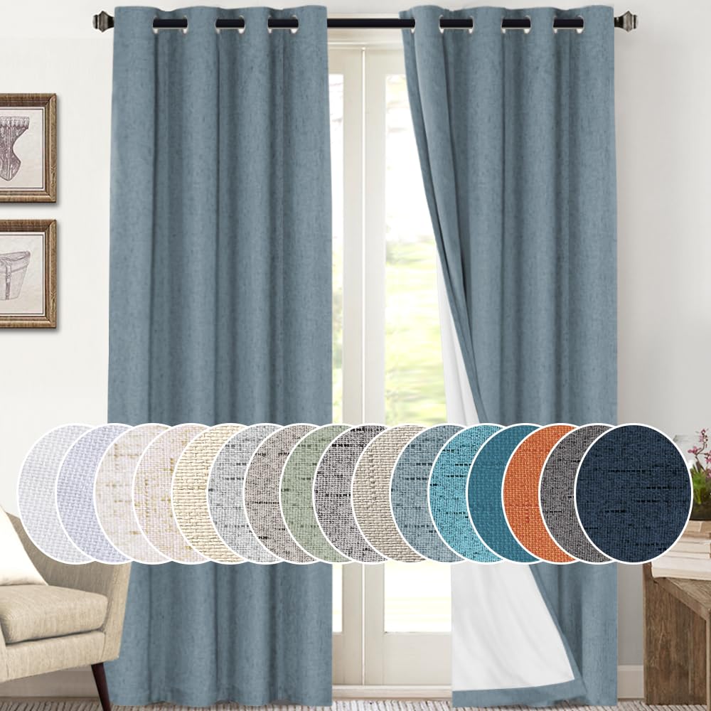 PrinceDeco Primitive Textured Linen 100% Blackout Curtains for Bedroom/Living Room Blackout Curtains 84 Inches Long, Energy Saving Window Treatment Curtains with White Liner (2 Panels, Natural)