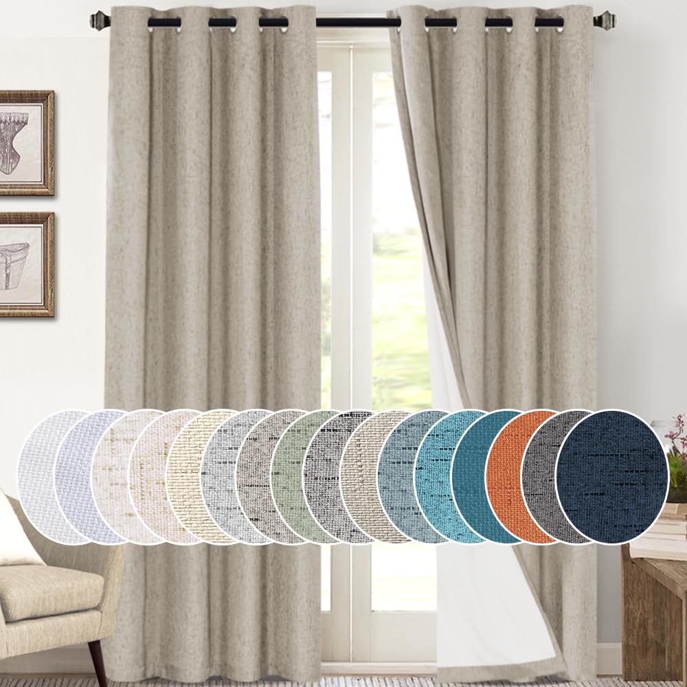 PrinceDeco Primitive Textured Linen 100% Blackout Curtains for Bedroom/Living Room Blackout Curtains 84 Inches Long, Energy Saving Window Treatment Curtains with White Liner (2 Panels, Natural)