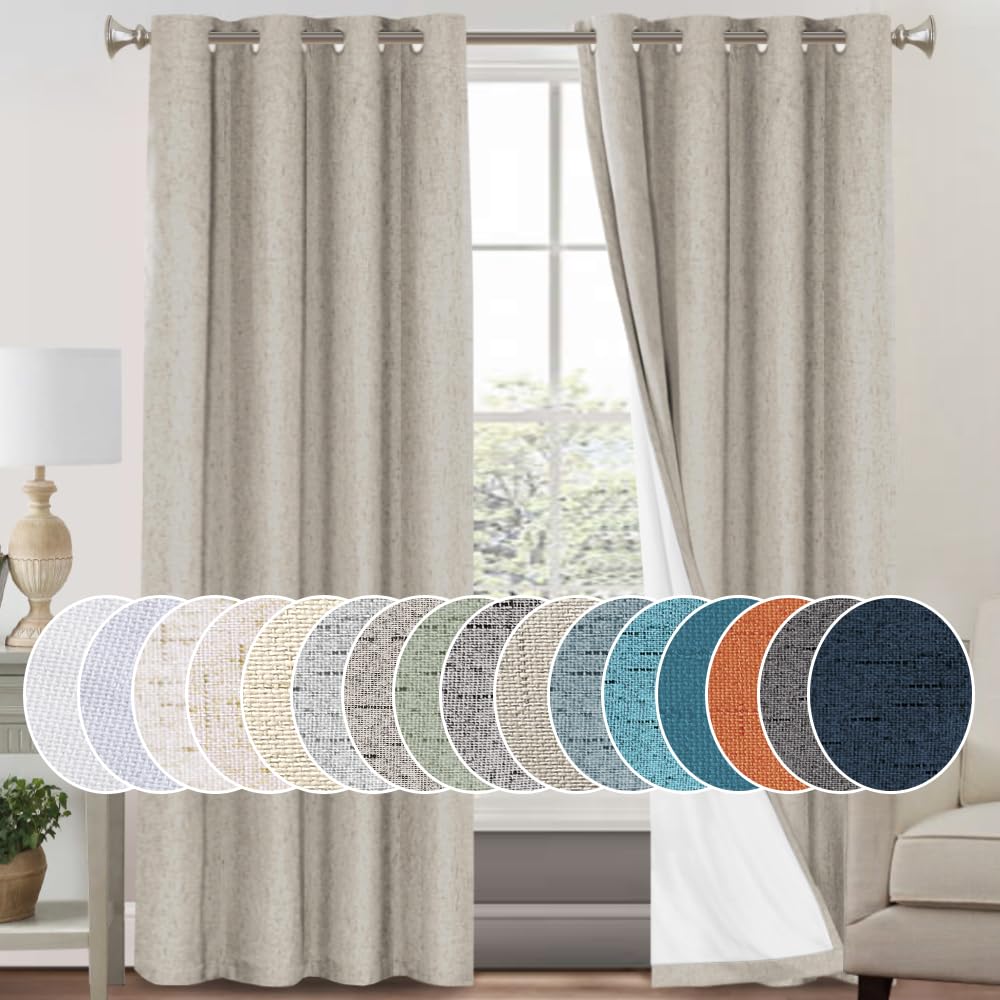 PrinceDeco Primitive Textured Linen 100% Blackout Curtains for Bedroom/Living Room Blackout Curtains 84 Inches Long, Energy Saving Window Treatment Curtains with White Liner (2 Panels, Natural)
