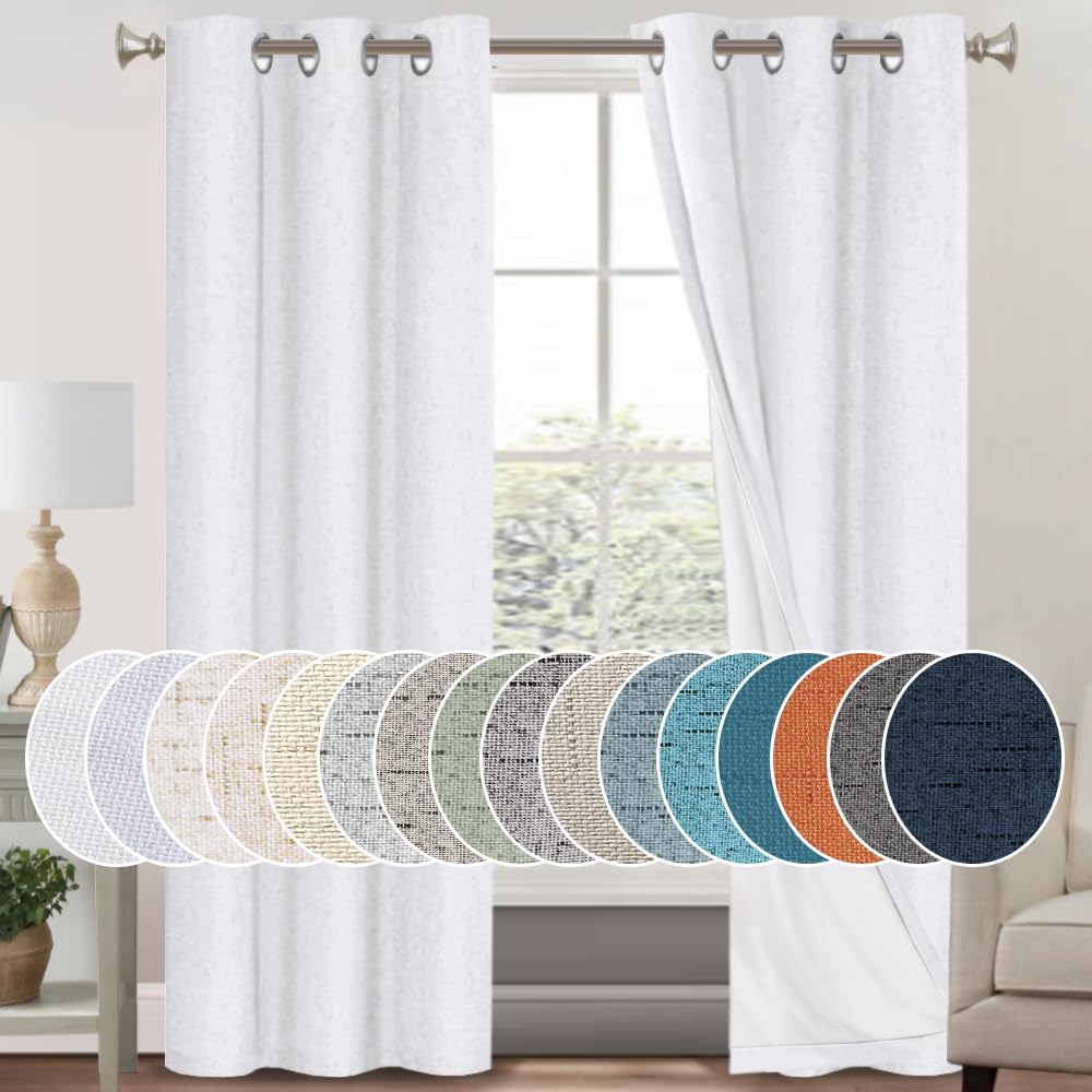 PrinceDeco Primitive Textured Linen 100% Blackout Curtains for Bedroom/Living Room Blackout Curtains 84 Inches Long, Energy Saving Window Treatment Curtains with White Liner (2 Panels, Natural)