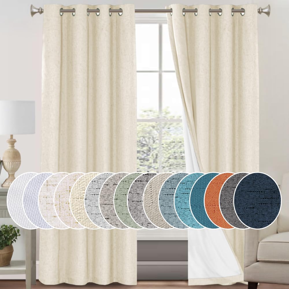 PrinceDeco Primitive Textured Linen 100% Blackout Curtains for Bedroom/Living Room Blackout Curtains 84 Inches Long, Energy Saving Window Treatment Curtains with White Liner (2 Panels, Natural)