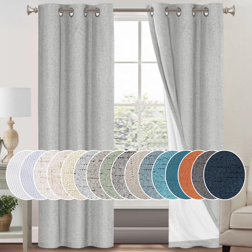 PrinceDeco Primitive Textured Linen 100% Blackout Curtains for Bedroom/Living Room Blackout Curtains 84 Inches Long, Energy Saving Window Treatment Curtains with White Liner (2 Panels, Natural)