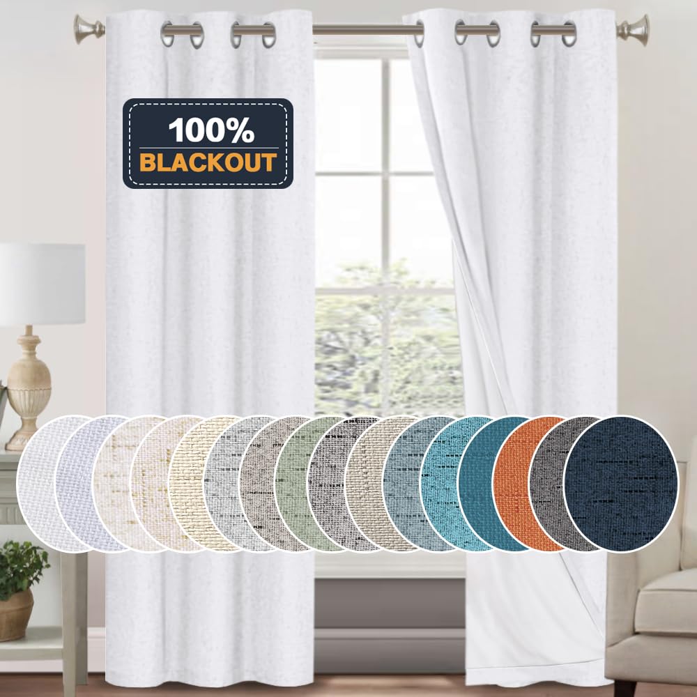 PrinceDeco Primitive Textured Linen 100% Blackout Curtains for Bedroom/Living Room Blackout Curtains 84 Inches Long, Energy Saving Window Treatment Curtains with White Liner (2 Panels, Natural)