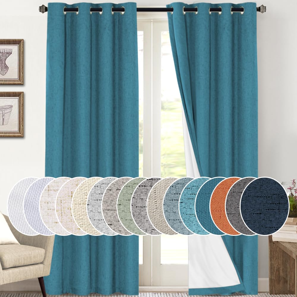 PrinceDeco Primitive Textured Linen 100% Blackout Curtains for Bedroom/Living Room Blackout Curtains 84 Inches Long, Energy Saving Window Treatment Curtains with White Liner (2 Panels, Natural)