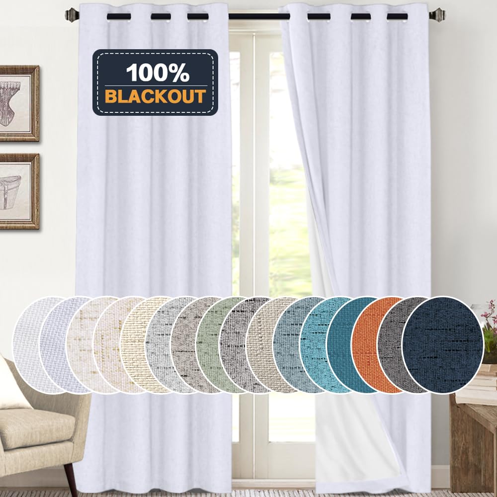 PrinceDeco Primitive Textured Linen 100% Blackout Curtains for Bedroom/Living Room Blackout Curtains 84 Inches Long, Energy Saving Window Treatment Curtains with White Liner (2 Panels, Natural)
