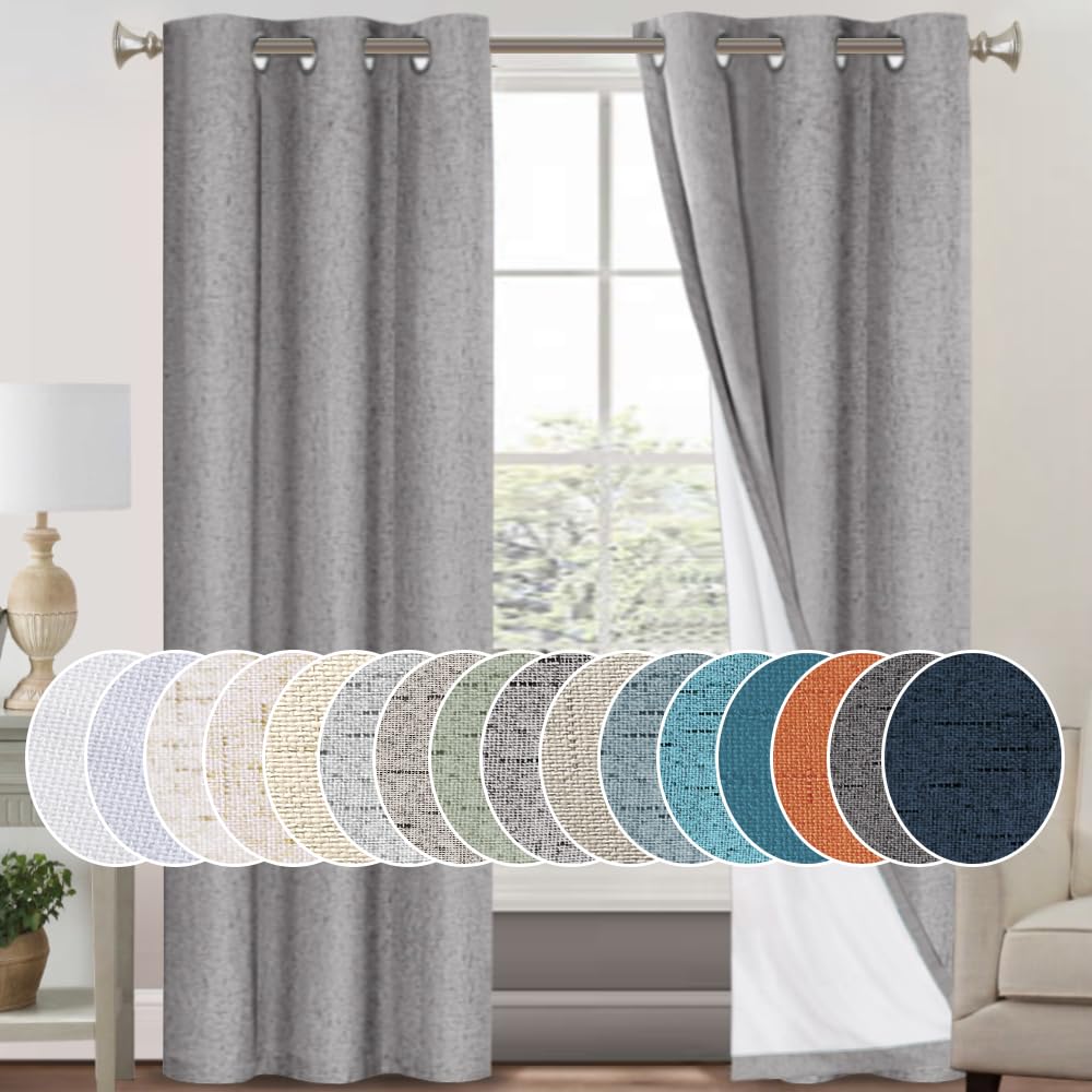 PrinceDeco Primitive Textured Linen 100% Blackout Curtains for Bedroom/Living Room Blackout Curtains 84 Inches Long, Energy Saving Window Treatment Curtains with White Liner (2 Panels, Natural)