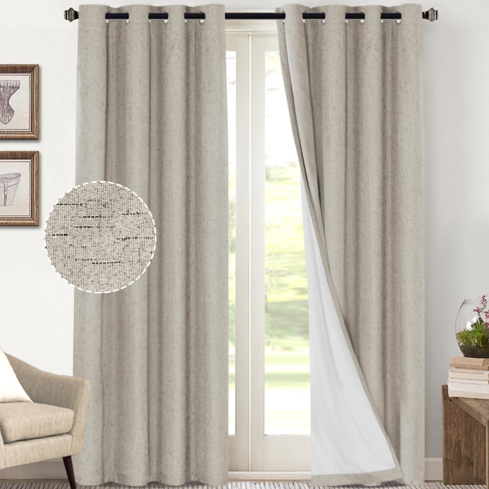 PrinceDeco Primitive Textured Linen 100% Blackout Curtains for Bedroom/Living Room Blackout Curtains 84 Inches Long, Energy Saving Window Treatment Curtains with White Liner (2 Panels, Natural)
