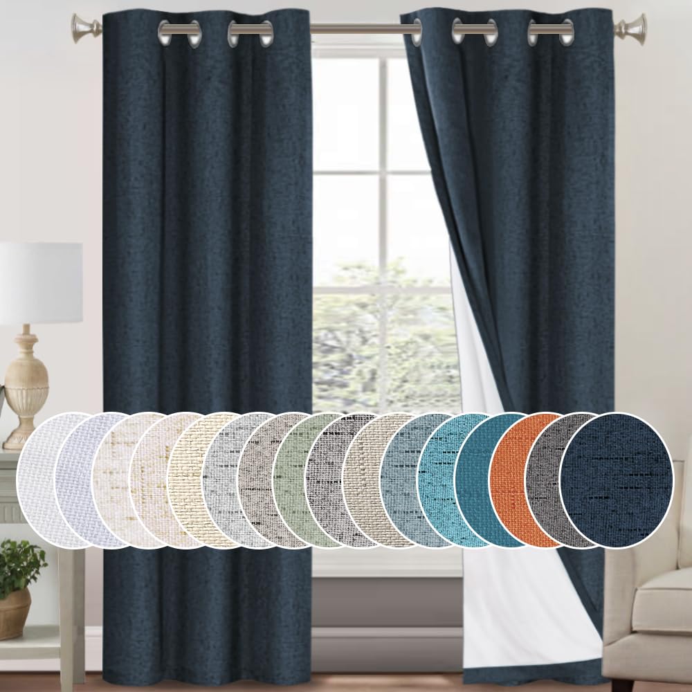 PrinceDeco Primitive Textured Linen 100% Blackout Curtains for Bedroom/Living Room Blackout Curtains 84 Inches Long, Energy Saving Window Treatment Curtains with White Liner (2 Panels, Natural)