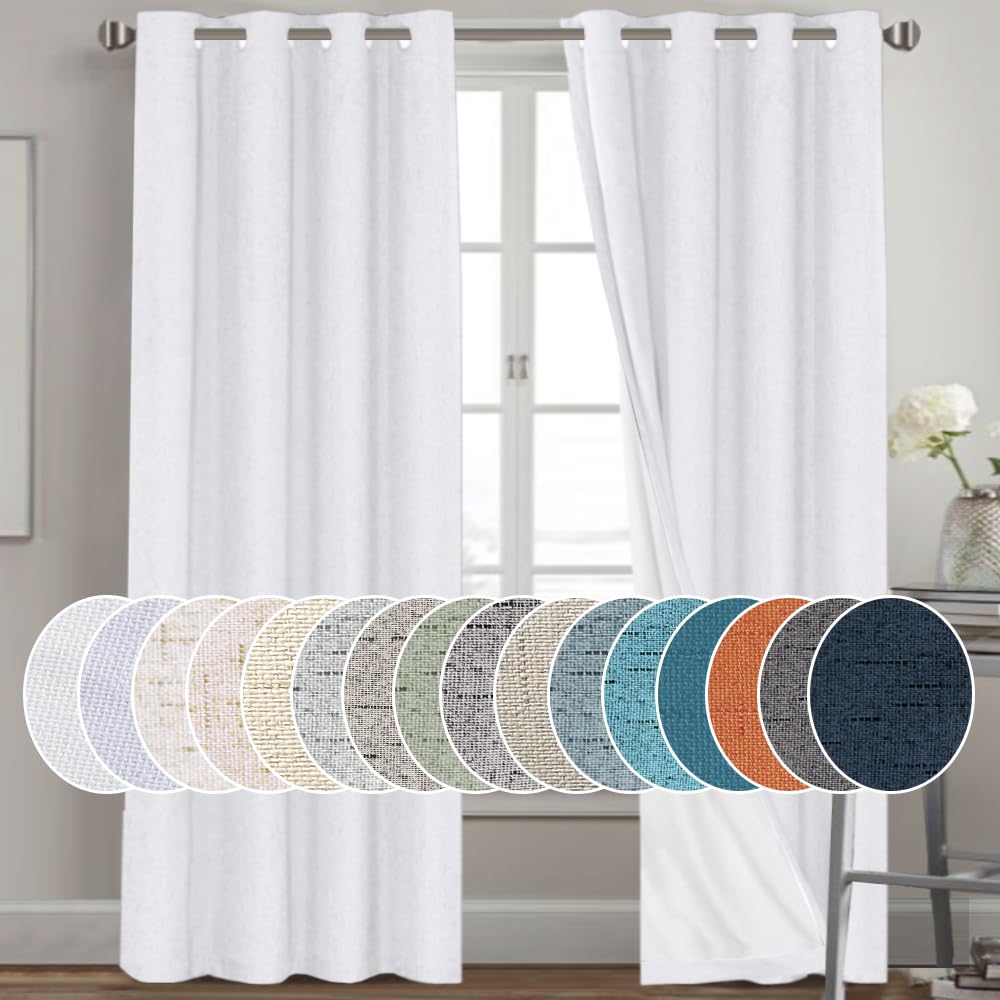PrinceDeco Primitive Textured Linen 100% Blackout Curtains for Bedroom/Living Room Blackout Curtains 84 Inches Long, Energy Saving Window Treatment Curtains with White Liner (2 Panels, Natural)