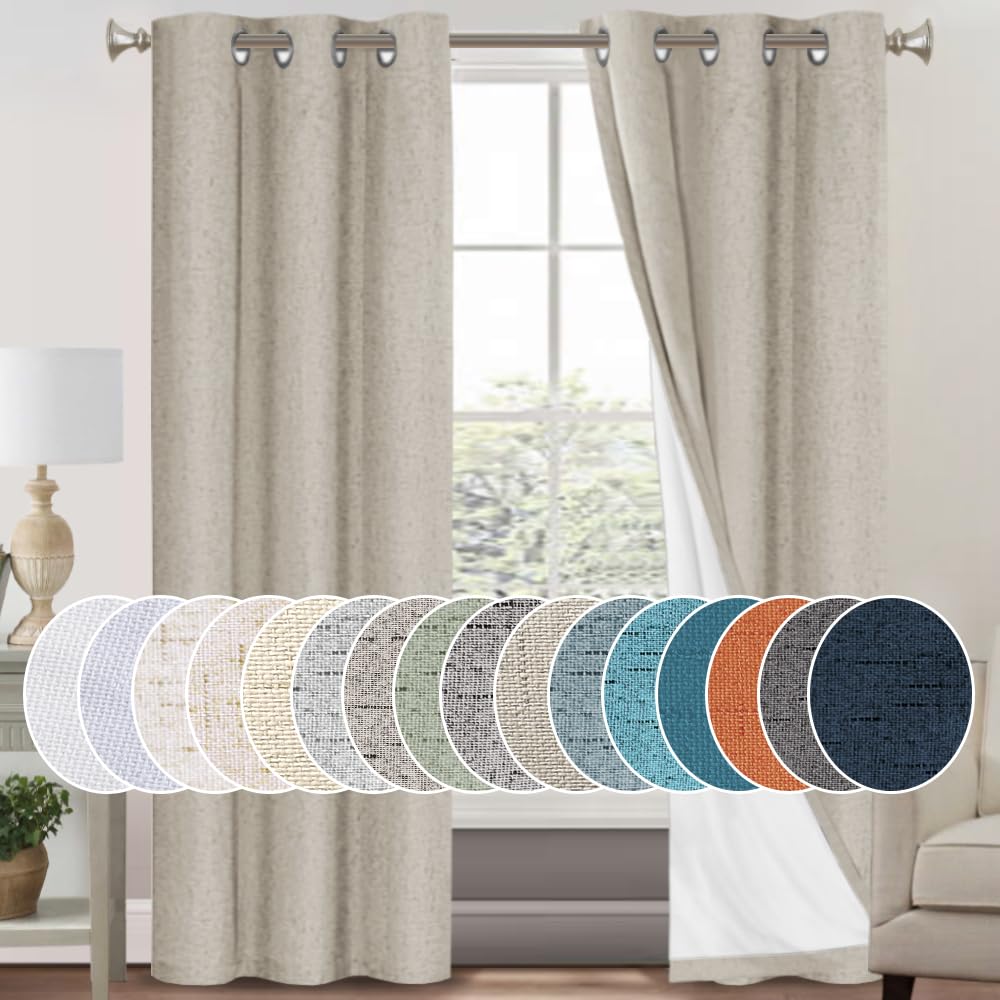 PrinceDeco Primitive Textured Linen 100% Blackout Curtains for Bedroom/Living Room Blackout Curtains 84 Inches Long, Energy Saving Window Treatment Curtains with White Liner (2 Panels, Natural)