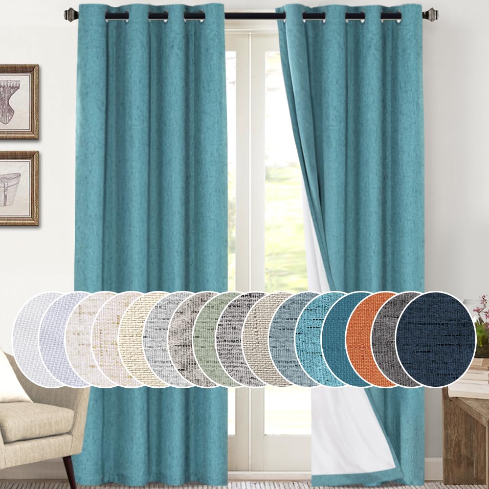 PrinceDeco Primitive Textured Linen 100% Blackout Curtains for Bedroom/Living Room Blackout Curtains 84 Inches Long, Energy Saving Window Treatment Curtains with White Liner (2 Panels, Natural)