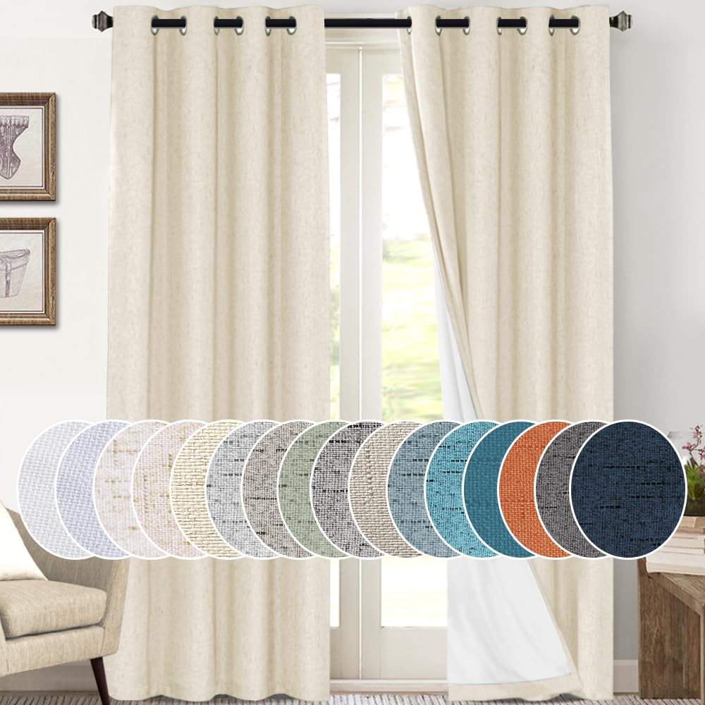 PrinceDeco Primitive Textured Linen 100% Blackout Curtains for Bedroom/Living Room Blackout Curtains 84 Inches Long, Energy Saving Window Treatment Curtains with White Liner (2 Panels, Natural)
