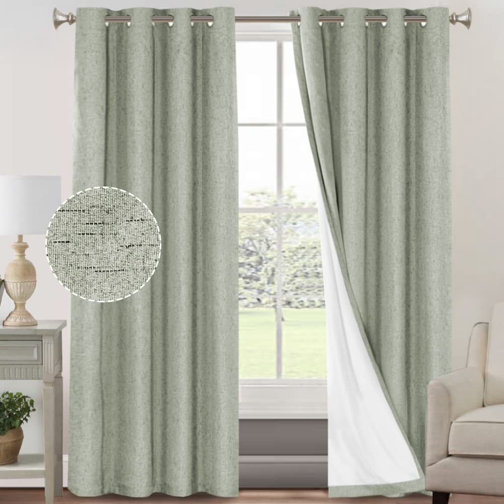 PrinceDeco Primitive Textured Linen 100% Blackout Curtains for Bedroom/Living Room Blackout Curtains 84 Inches Long, Energy Saving Window Treatment Curtains with White Liner (2 Panels, Natural)
