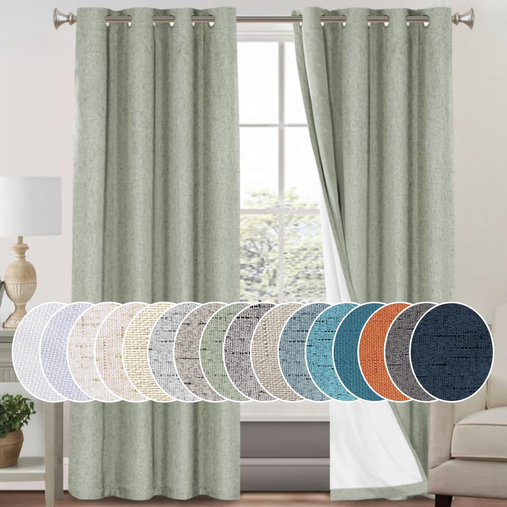 PrinceDeco Primitive Textured Linen 100% Blackout Curtains for Bedroom/Living Room Blackout Curtains 84 Inches Long, Energy Saving Window Treatment Curtains with White Liner (2 Panels, Natural)