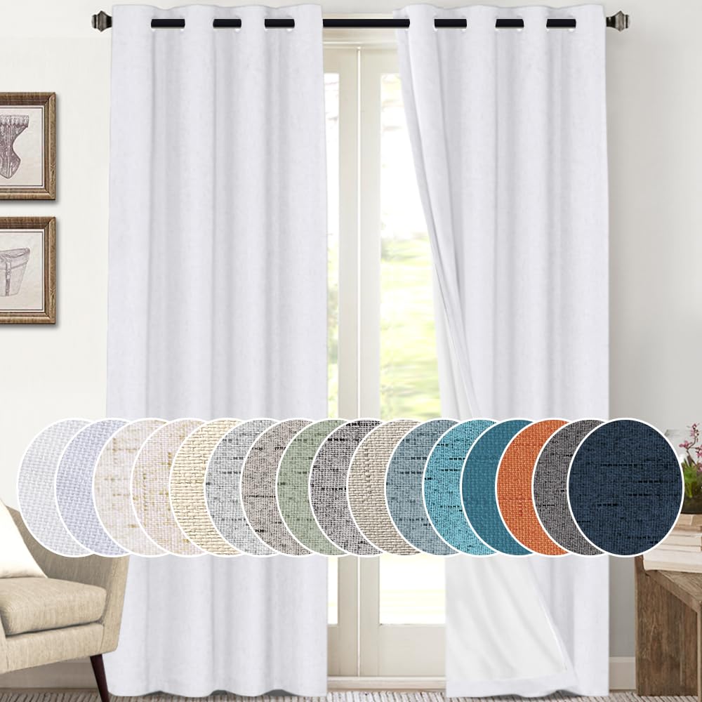 PrinceDeco Primitive Textured Linen 100% Blackout Curtains for Bedroom/Living Room Blackout Curtains 84 Inches Long, Energy Saving Window Treatment Curtains with White Liner (2 Panels, Natural)