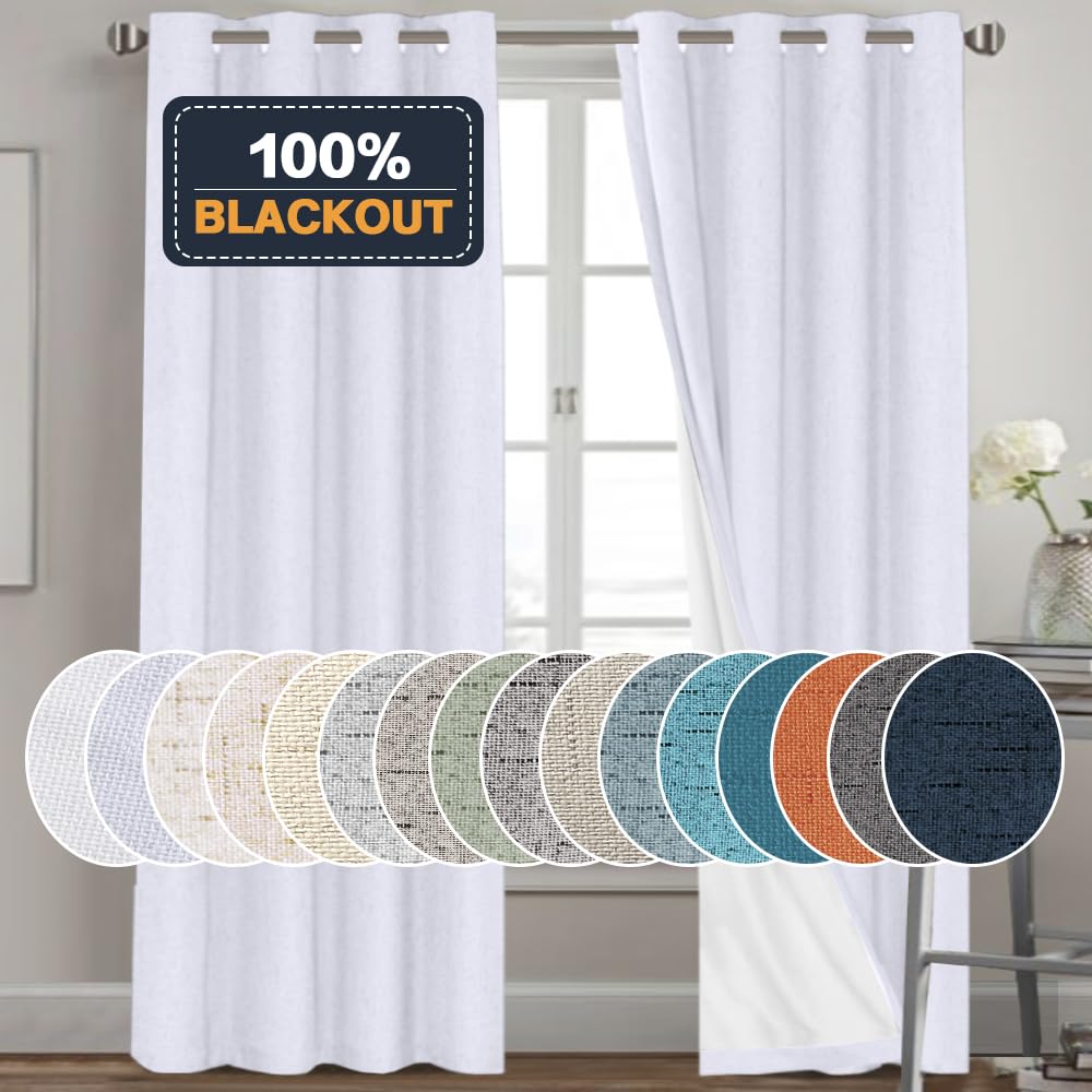PrinceDeco Primitive Textured Linen 100% Blackout Curtains for Bedroom/Living Room Blackout Curtains 84 Inches Long, Energy Saving Window Treatment Curtains with White Liner (2 Panels, Natural)