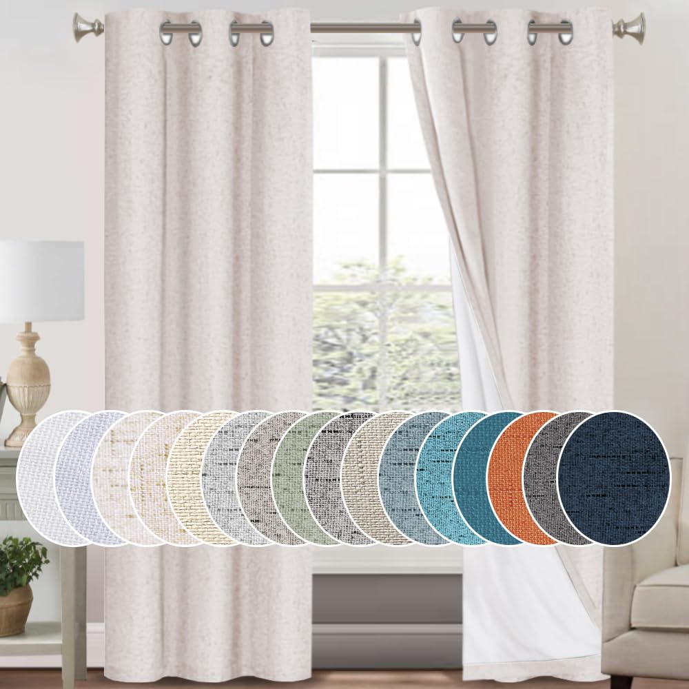 PrinceDeco Primitive Textured Linen 100% Blackout Curtains for Bedroom/Living Room Blackout Curtains 84 Inches Long, Energy Saving Window Treatment Curtains with White Liner (2 Panels, Natural)