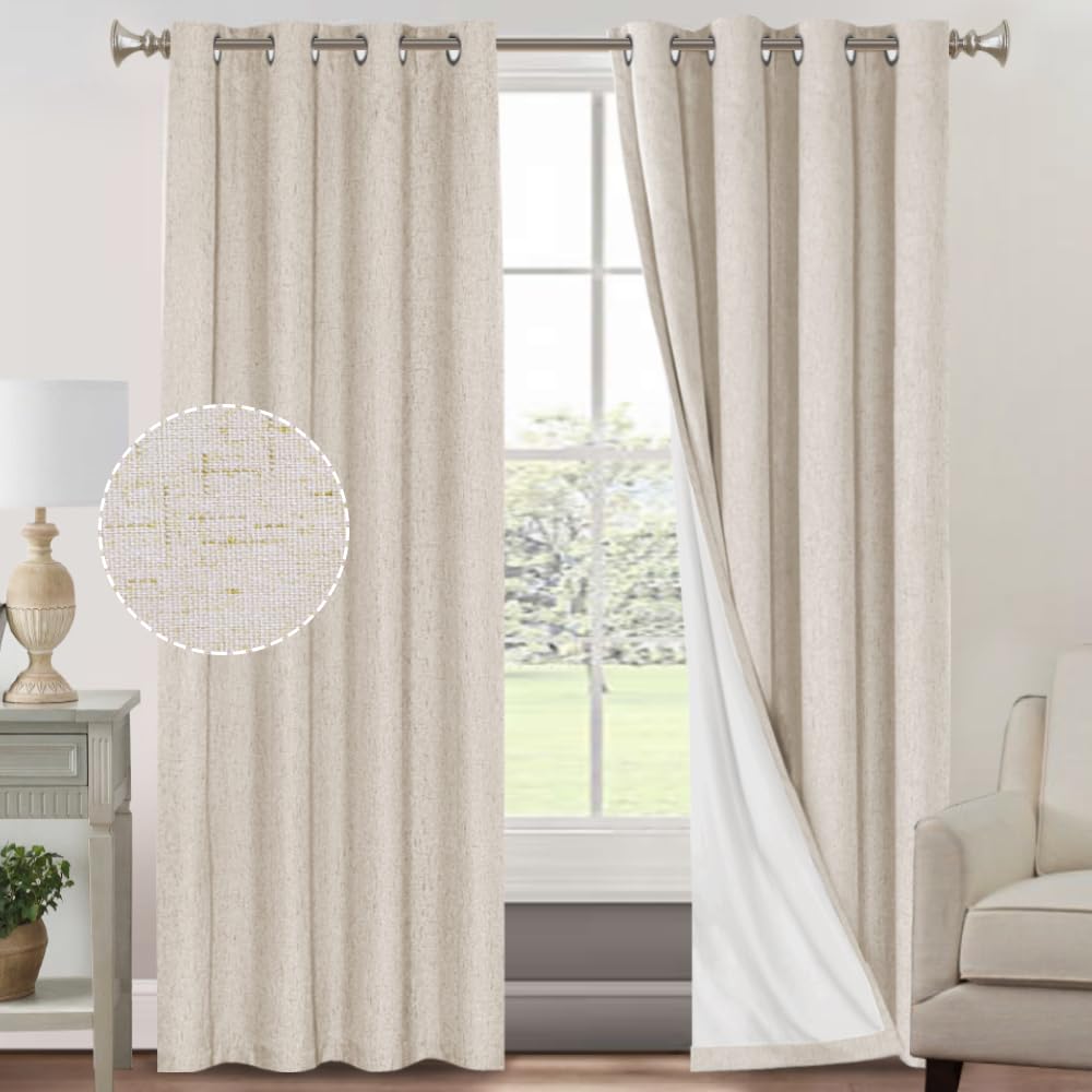 PrinceDeco Primitive Textured Linen 100% Blackout Curtains for Bedroom/Living Room Blackout Curtains 84 Inches Long, Energy Saving Window Treatment Curtains with White Liner (2 Panels, Natural)