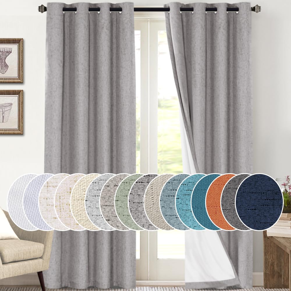 PrinceDeco Primitive Textured Linen 100% Blackout Curtains for Bedroom/Living Room Blackout Curtains 84 Inches Long, Energy Saving Window Treatment Curtains with White Liner (2 Panels, Natural)