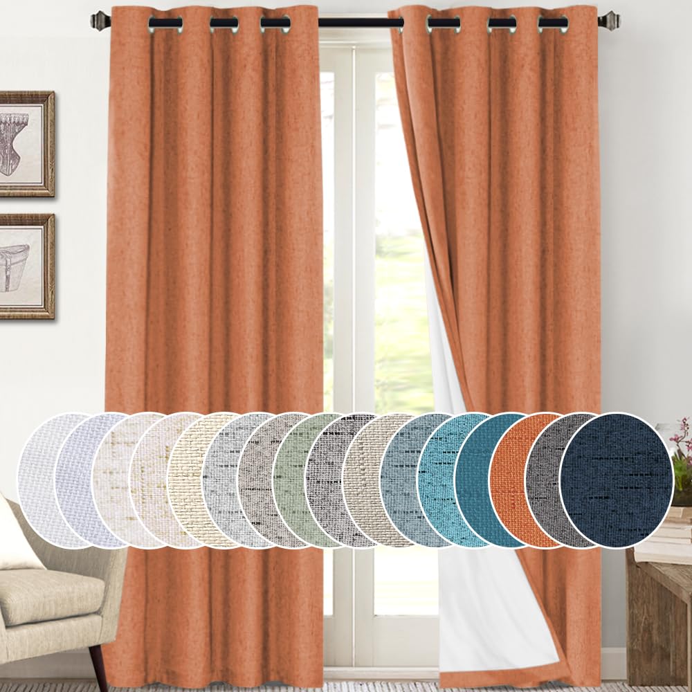 PrinceDeco Primitive Textured Linen 100% Blackout Curtains for Bedroom/Living Room Blackout Curtains 84 Inches Long, Energy Saving Window Treatment Curtains with White Liner (2 Panels, Natural)