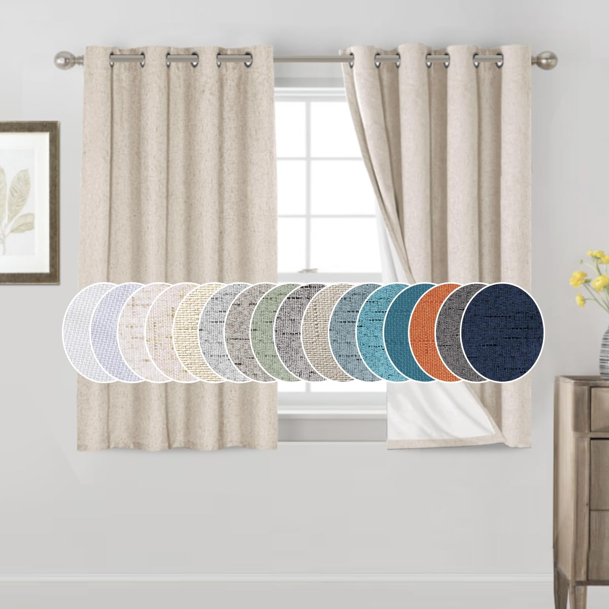 PrinceDeco Primitive Textured Linen 100% Blackout Curtains for Bedroom/Living Room Blackout Curtains 84 Inches Long, Energy Saving Window Treatment Curtains with White Liner (2 Panels, Natural)