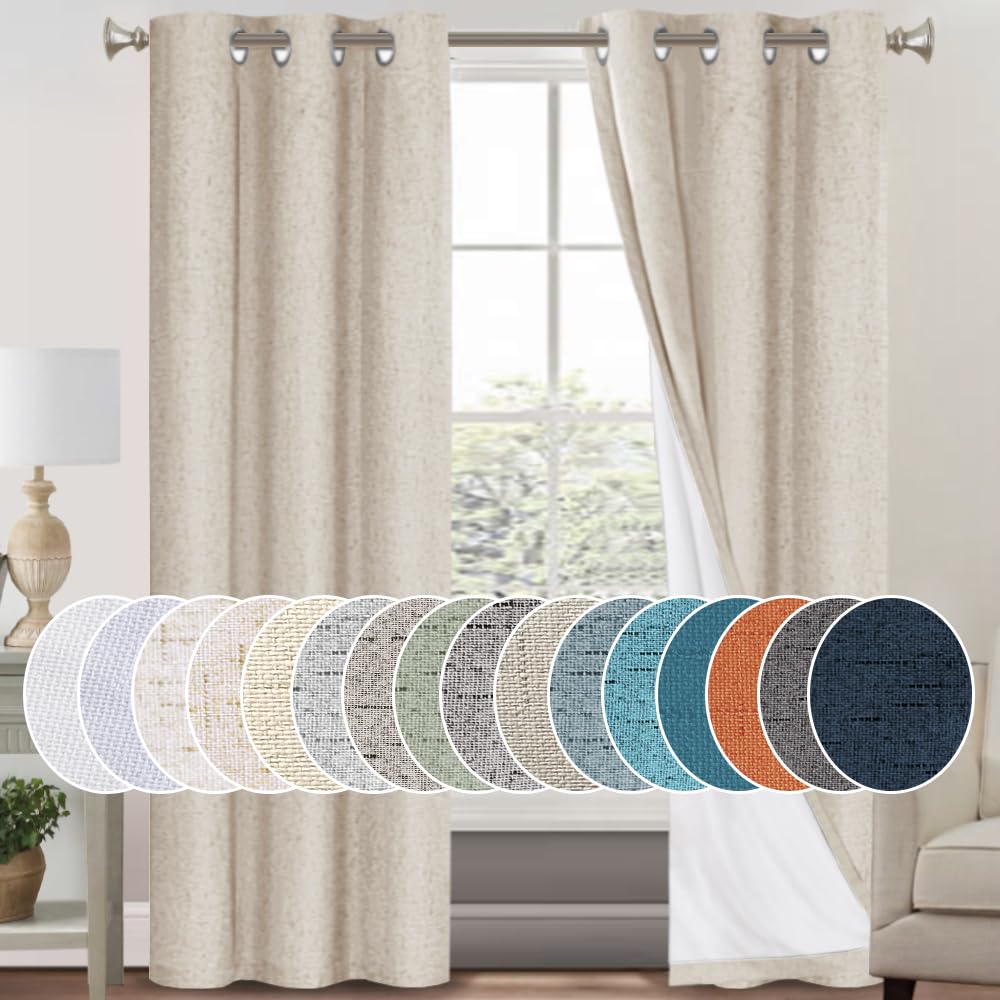 PrinceDeco Primitive Textured Linen 100% Blackout Curtains for Bedroom/Living Room Blackout Curtains 84 Inches Long, Energy Saving Window Treatment Curtains with White Liner (2 Panels, Natural)
