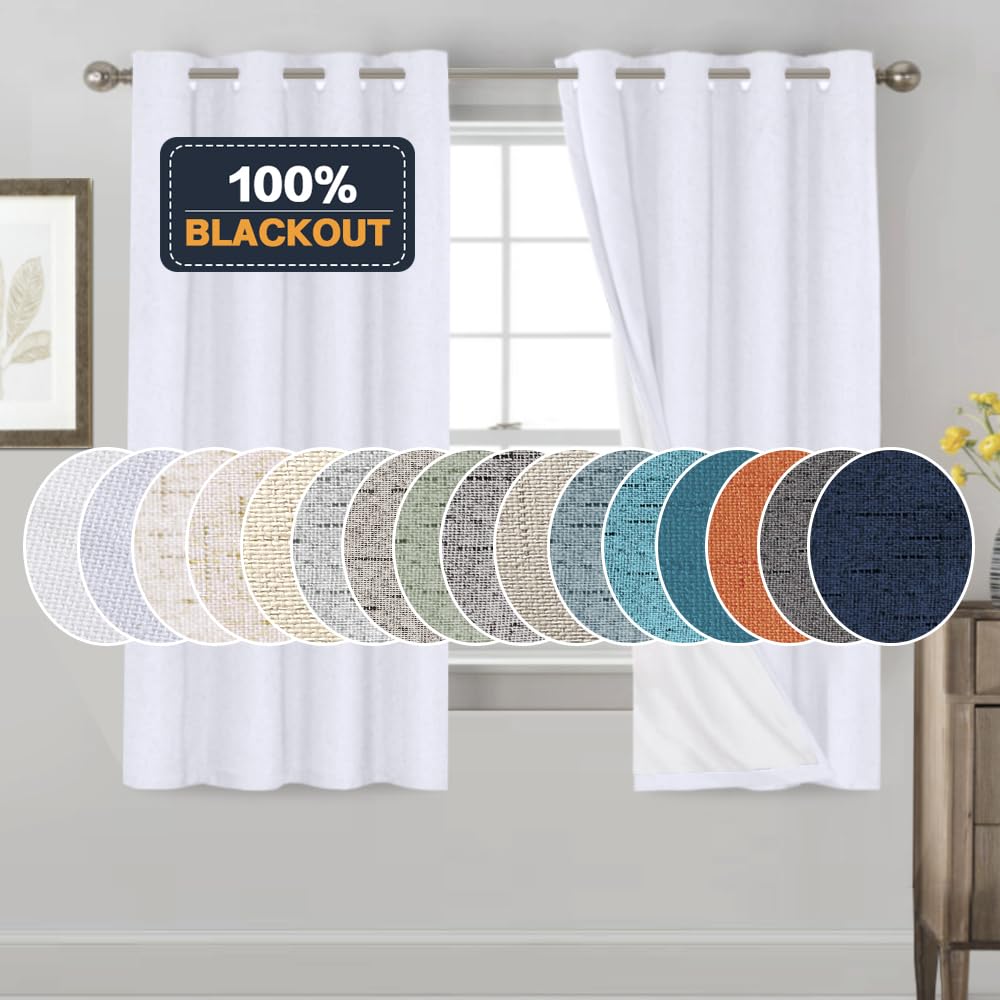 PrinceDeco Primitive Textured Linen 100% Blackout Curtains for Bedroom/Living Room Blackout Curtains 84 Inches Long, Energy Saving Window Treatment Curtains with White Liner (2 Panels, Natural)