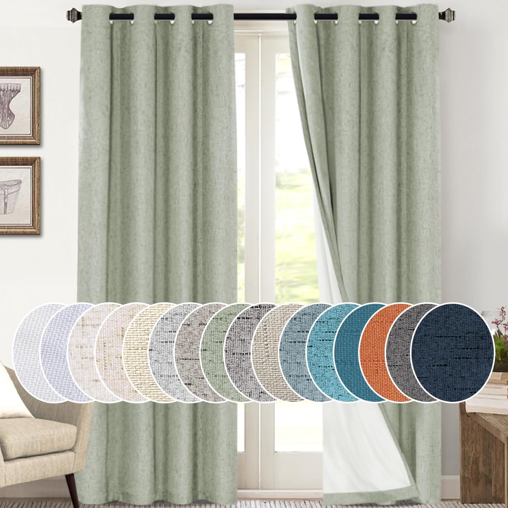PrinceDeco Primitive Textured Linen 100% Blackout Curtains for Bedroom/Living Room Blackout Curtains 84 Inches Long, Energy Saving Window Treatment Curtains with White Liner (2 Panels, Natural)