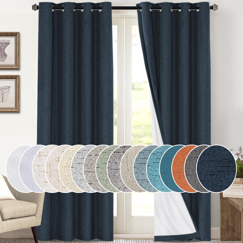 PrinceDeco Primitive Textured Linen 100% Blackout Curtains for Bedroom/Living Room Blackout Curtains 84 Inches Long, Energy Saving Window Treatment Curtains with White Liner (2 Panels, Natural)