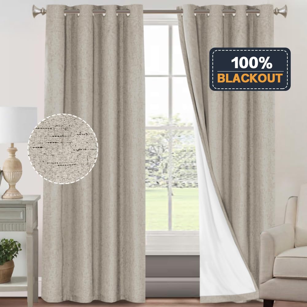 PrinceDeco Primitive Textured Linen 100% Blackout Curtains for Bedroom/Living Room Blackout Curtains 84 Inches Long, Energy Saving Window Treatment Curtains with White Liner (2 Panels, Natural)