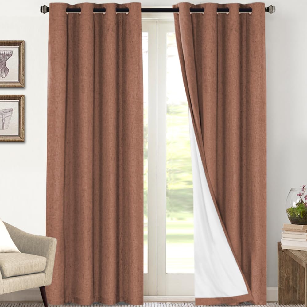 PrinceDeco Primitive Textured Linen 100% Blackout Curtains for Bedroom/Living Room Blackout Curtains 84 Inches Long, Energy Saving Window Treatment Curtains with White Liner (2 Panels, Natural)
