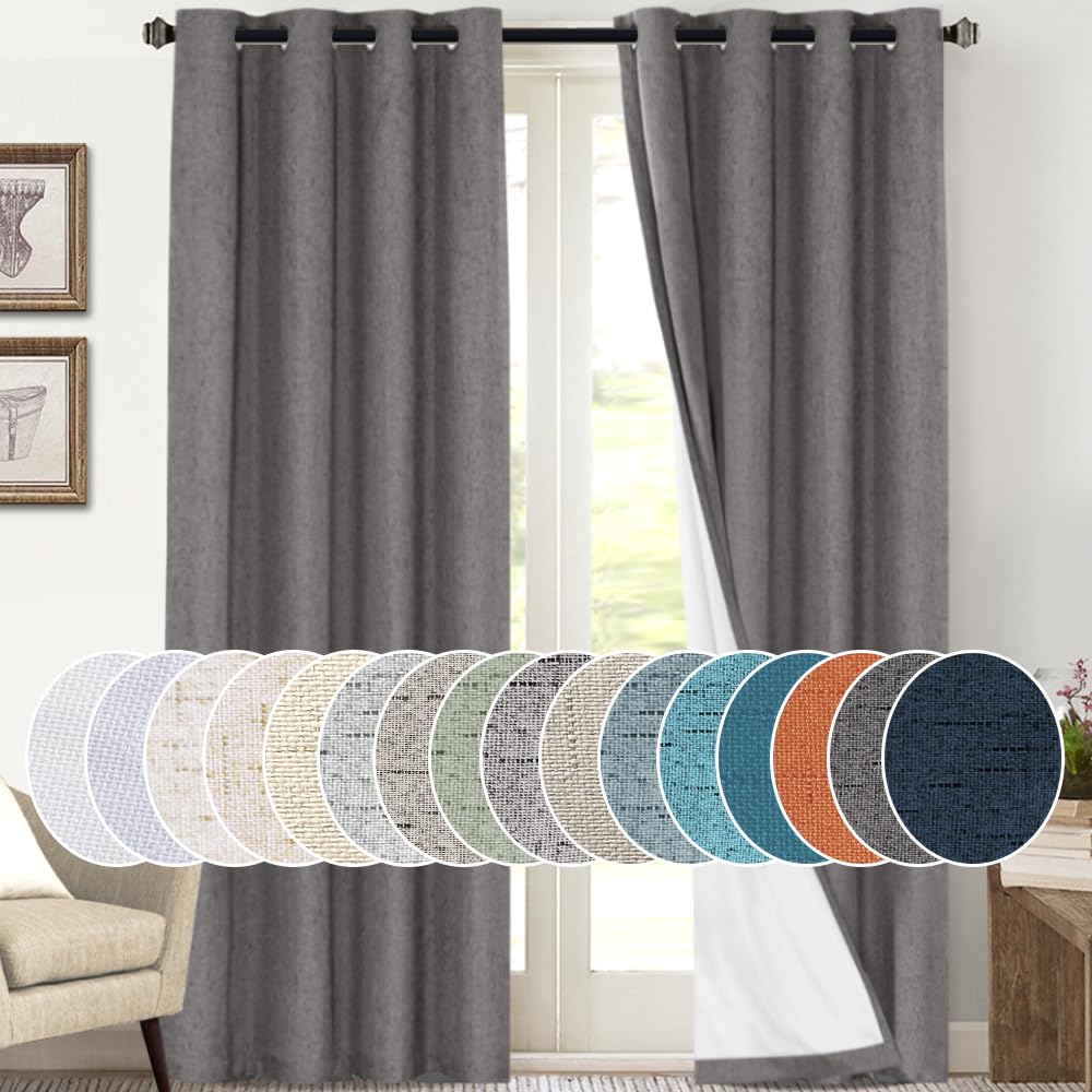 PrinceDeco Primitive Textured Linen 100% Blackout Curtains for Bedroom/Living Room Blackout Curtains 84 Inches Long, Energy Saving Window Treatment Curtains with White Liner (2 Panels, Natural)
