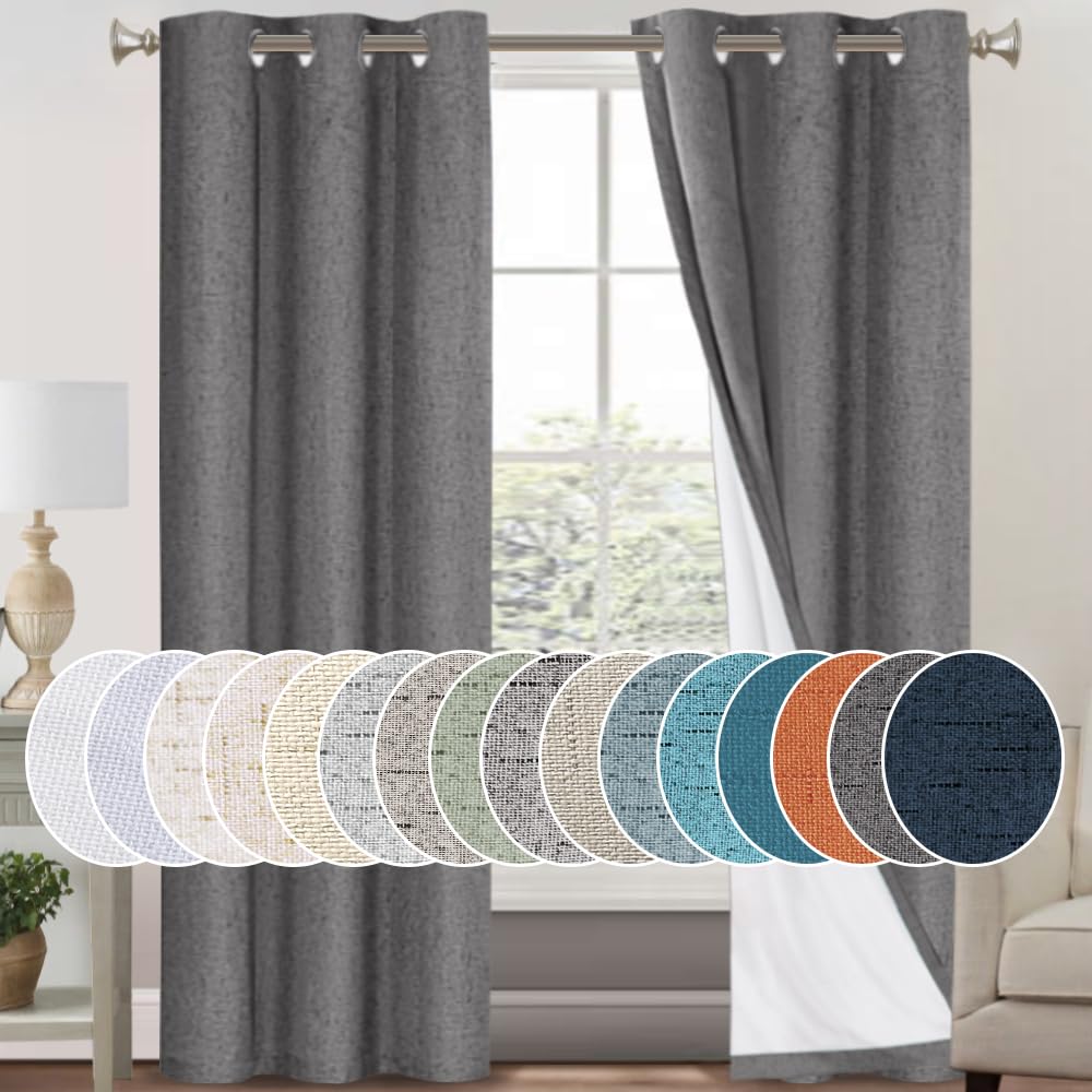 PrinceDeco Primitive Textured Linen 100% Blackout Curtains for Bedroom/Living Room Blackout Curtains 84 Inches Long, Energy Saving Window Treatment Curtains with White Liner (2 Panels, Natural)