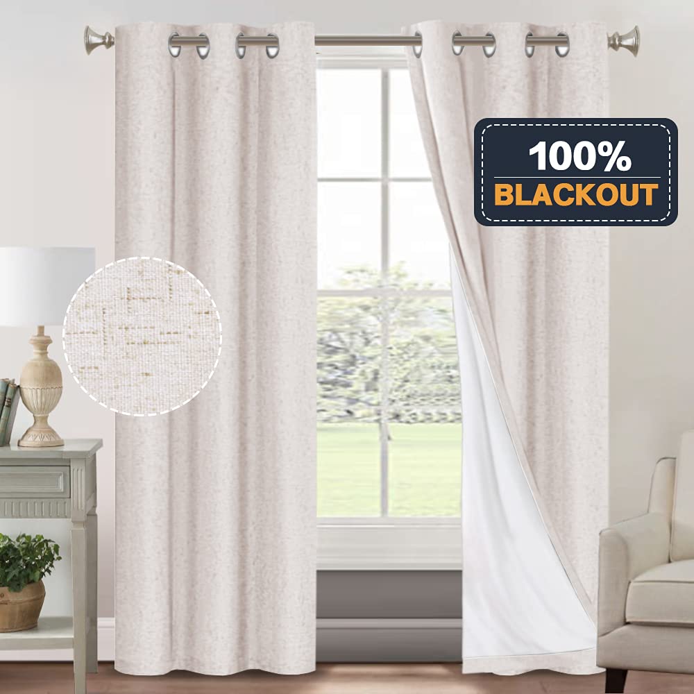 PrinceDeco Primitive Textured Linen 100% Blackout Curtains for Bedroom/Living Room Blackout Curtains 84 Inches Long, Energy Saving Window Treatment Curtains with White Liner (2 Panels, Natural)