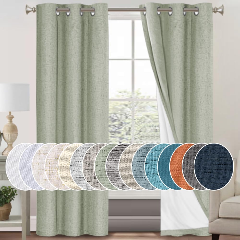 PrinceDeco Primitive Textured Linen 100% Blackout Curtains for Bedroom/Living Room Blackout Curtains 84 Inches Long, Energy Saving Window Treatment Curtains with White Liner (2 Panels, Natural)