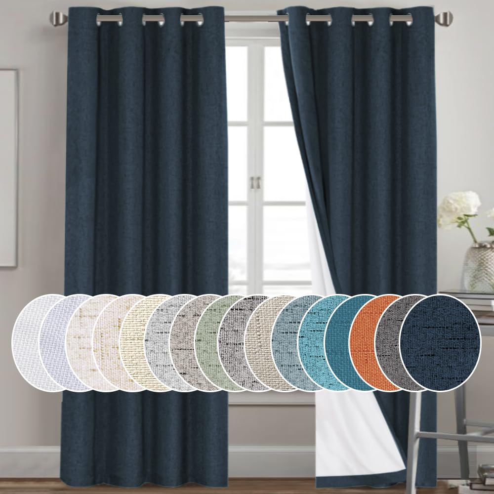 PrinceDeco Primitive Textured Linen 100% Blackout Curtains for Bedroom/Living Room Blackout Curtains 84 Inches Long, Energy Saving Window Treatment Curtains with White Liner (2 Panels, Natural)