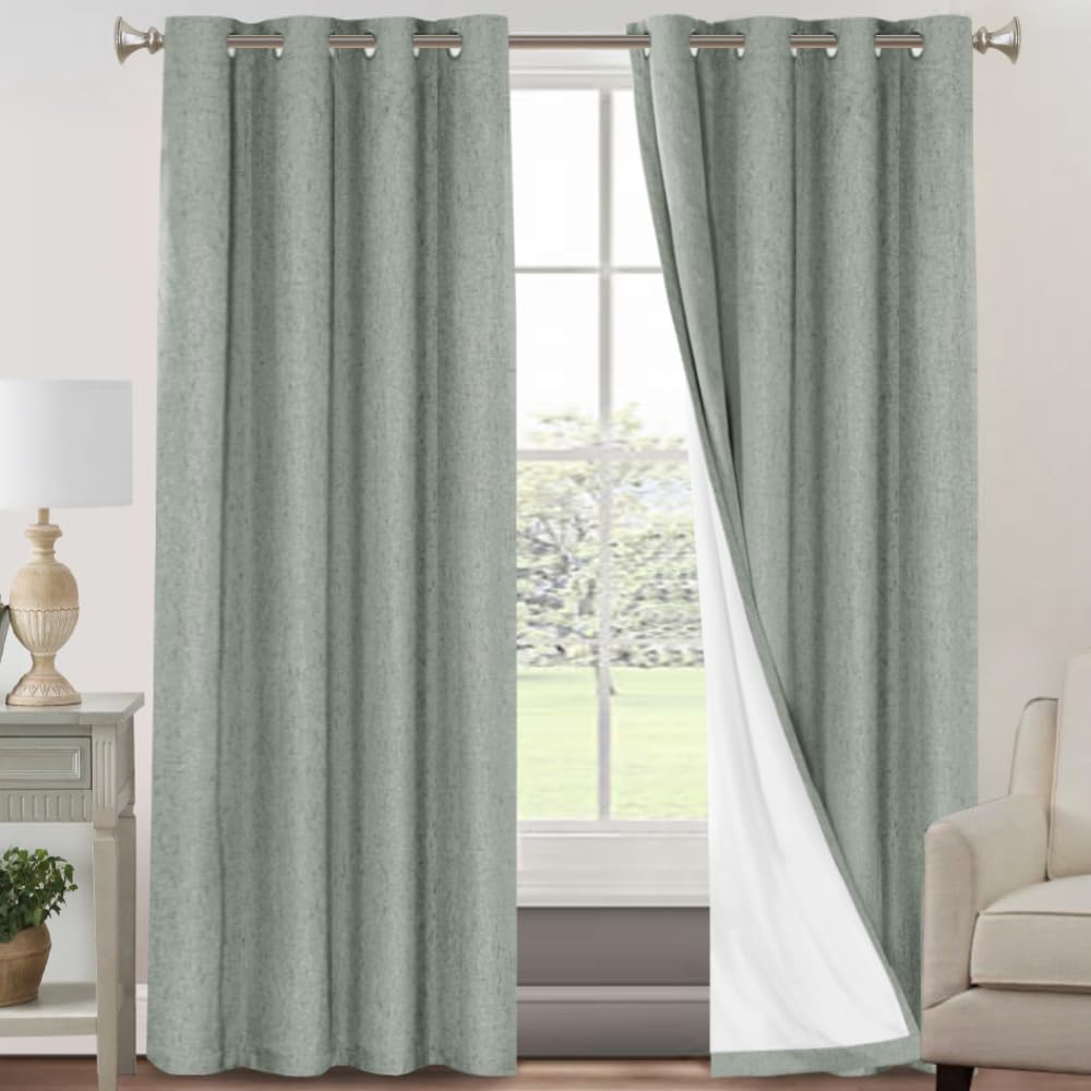 PrinceDeco Primitive Textured Linen 100% Blackout Curtains for Bedroom/Living Room Blackout Curtains 84 Inches Long, Energy Saving Window Treatment Curtains with White Liner (2 Panels, Natural)