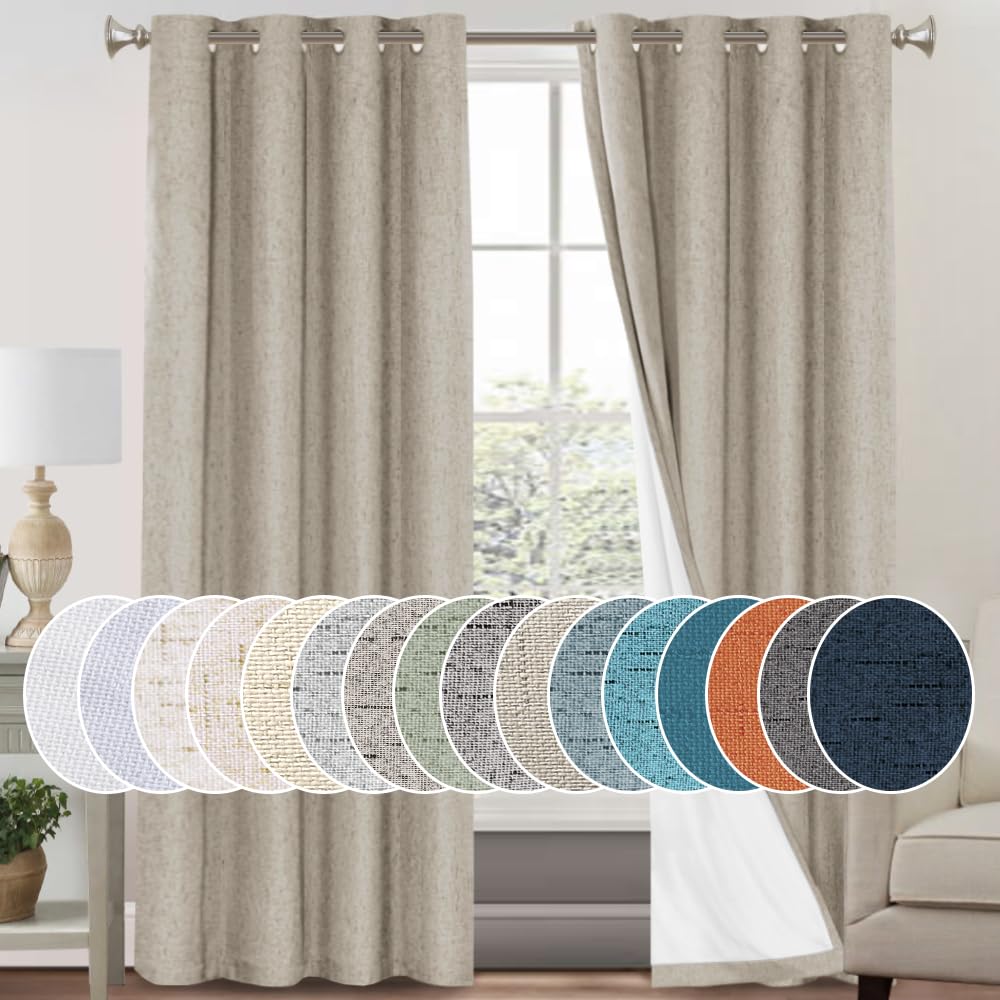 PrinceDeco Primitive Textured Linen 100% Blackout Curtains for Bedroom/Living Room Blackout Curtains 84 Inches Long, Energy Saving Window Treatment Curtains with White Liner (2 Panels, Natural)