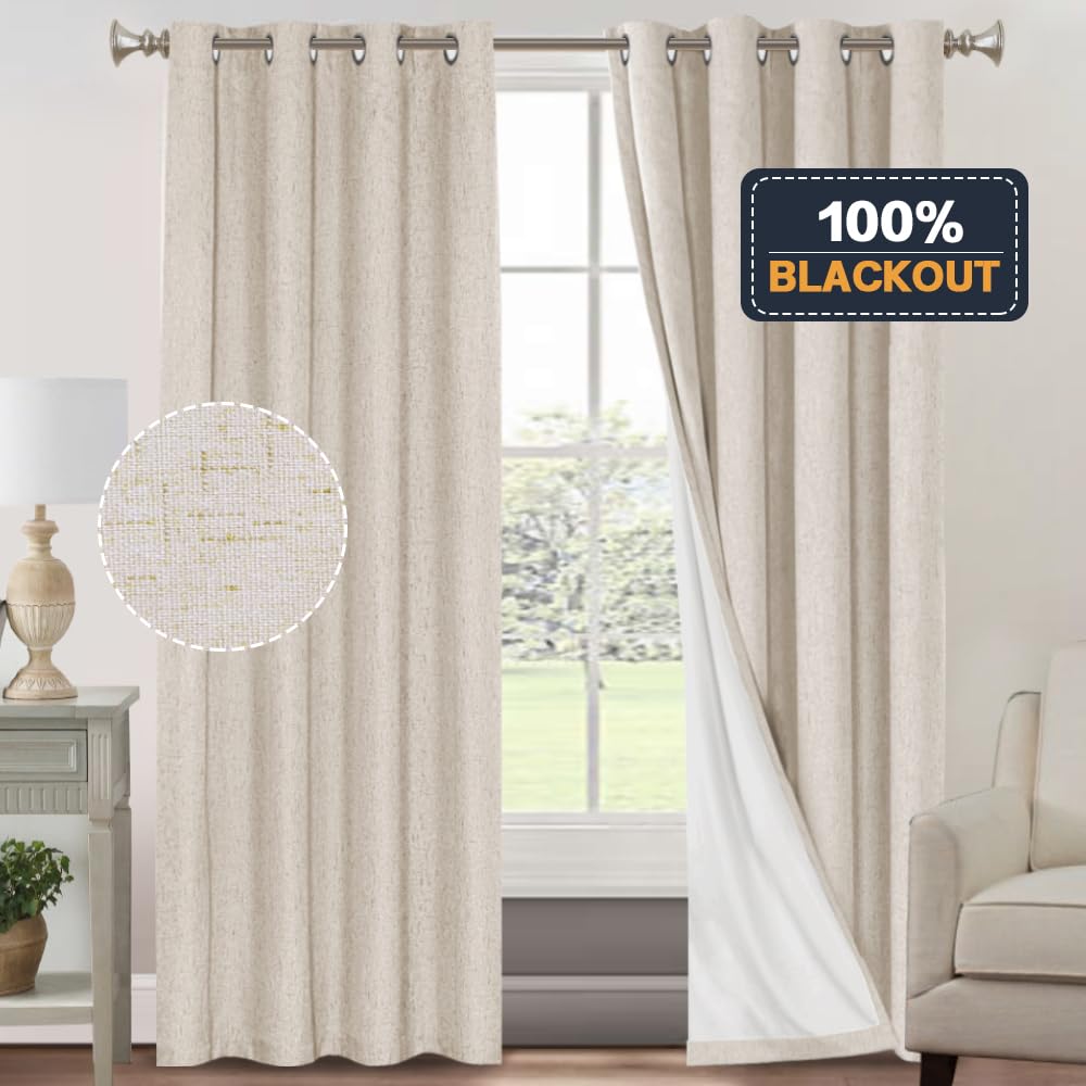 PrinceDeco Primitive Textured Linen 100% Blackout Curtains for Bedroom/Living Room Blackout Curtains 84 Inches Long, Energy Saving Window Treatment Curtains with White Liner (2 Panels, Natural)