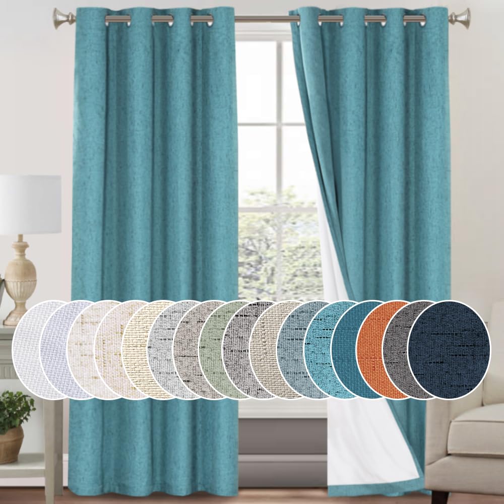 PrinceDeco Primitive Textured Linen 100% Blackout Curtains for Bedroom/Living Room Blackout Curtains 84 Inches Long, Energy Saving Window Treatment Curtains with White Liner (2 Panels, Natural)