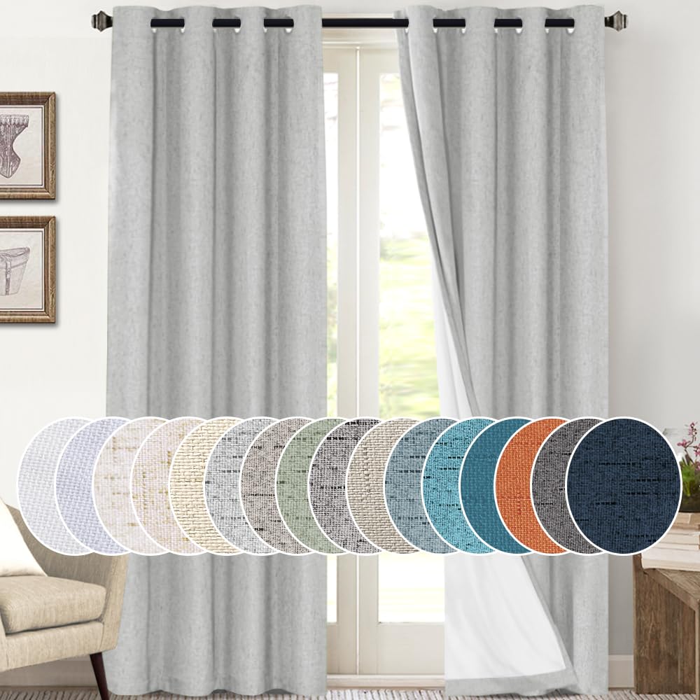 PrinceDeco Primitive Textured Linen 100% Blackout Curtains for Bedroom/Living Room Blackout Curtains 84 Inches Long, Energy Saving Window Treatment Curtains with White Liner (2 Panels, Natural)